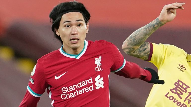 Liverpool&#39;s Takumi Minamino of Japan during the English Premier League soccer match between Liverpool and Burnley in Liverpool, England, Thursday, Jan. 21, 2021. Burnley won the match 0-1. (Peter Powell/Pool via AP)