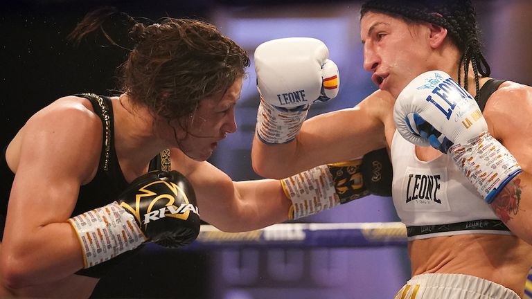 HANDOUT PICTURE COMPLIMENTS OF MATCHROOM BOXING.Katie Taylor vs Miriam Gutierrez, WBC, WBA, IBF and WBO Lightweight World Title..14 November 2020.Picture By Dave Thompson.