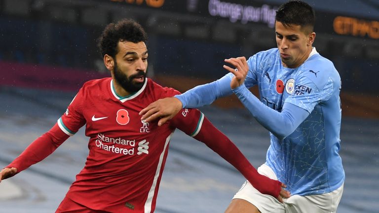 Mohamed Salah battles for the ball against Joao Cancelo