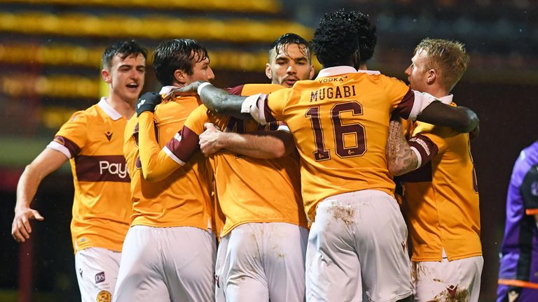 Motherwell celebrate Devante Cole's opener as they beat Dundee United