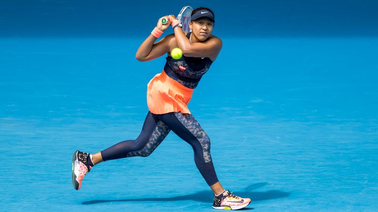 Naomi Osaka of Japan returns the ball during round 1 of the 2021 Australian Open on February 8 2020, at Melbourne Park in Melbourne, Australia. (Photo by Jason Heidrich/Icon Sportswire) (Icon Sportswire via AP Images)