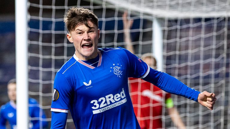 Nathan Patterson celebrates after scoring to make it 2-1 Rangers vs Royal Antwerp 