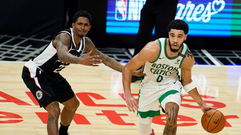 Boston Celtics forward Jayson Tatum (0) is defended by Los Angeles Clippers guard Lou Williams during the first half of an NBA basketball game Friday, Feb. 5, 2021, in Los Angeles. (AP Photo/Marcio Jose Sanchez)


