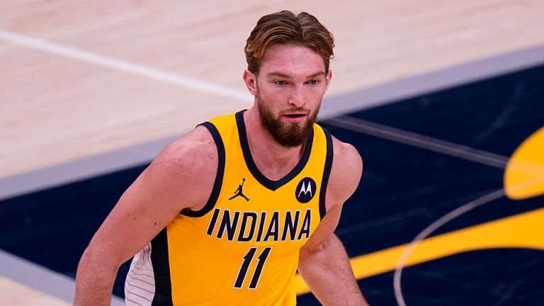 Indiana Pacers forward Domantas Sabonis (11) plays against the New Orleans Pelicans during the first half of an NBA basketball game in Indianapolis, Friday, Feb. 5, 2021. (AP Photo/Michael Conroy)