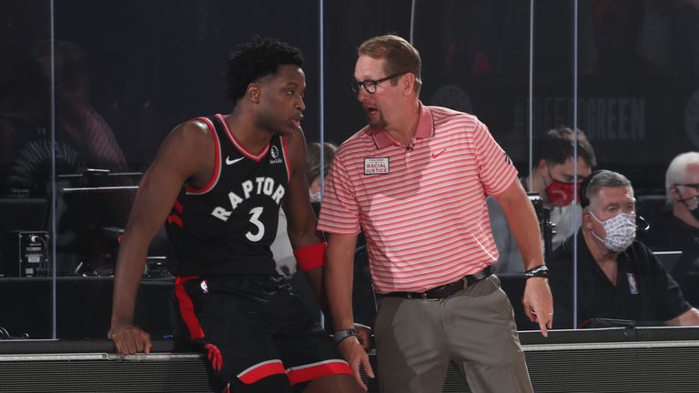 OG Anunoby and Nick Nurse talk during the game against the Boston Celtics in Game Four of the 2020 Eastern Conference Semifinals