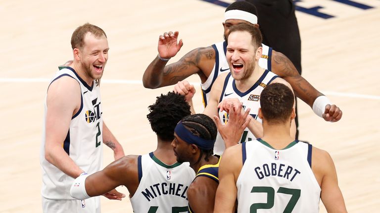 Utah Jazz celebrate a basket against the Indiana Pacers