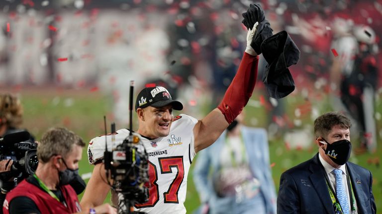 Tampa Bay Buccaneers tight end Rob Gronkowski celebrates after defeating the Kansas City Chiefs in the NFL Super Bowl 55 football game Sunday, Feb. 7, 2021, in Tampa, Fla. The Buccaneers defeated the Chiefs 31-9 to win the Super Bowl. (AP Photo/Ashley Landis)


