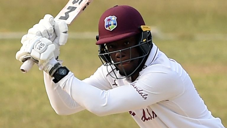 West Indies Nkrumah Bonner plays a shot during a tour match between West Indies and Bangladesh Cricket Board XI at the MA Aziz Stadium in Chittagong on January 30, 2021. (Photo by Munir Uz zaman / AFP) (Photo by MUNIR UZ ZAMAN/AFP via Getty Images)