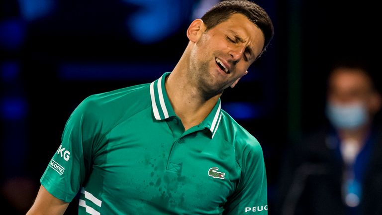 Novak Djokovic of Serbia shows his frustration after losing a game during round 3 of the 2021 Australian Open on February 12 2020, at Melbourne Park in Melbourne, Australia. (Photo by Jason Heidrich/Icon Sportswire) (Icon Sportswire via AP Images)