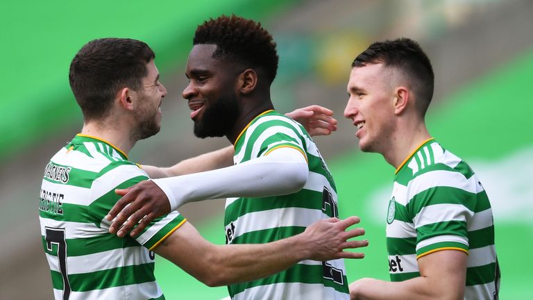 Odsonne Edouard celebrates with Ryan Christie after scoring to make it 1-0