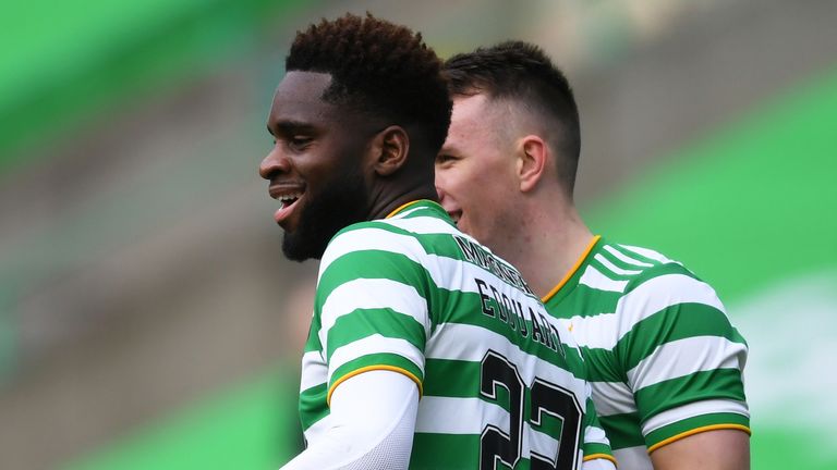 GLASGOW, SCOTLAND - FEBRUARY 27:  Celtic...s Odsonne Edouard celebrates after scoring to make it 1-0 during the Scottish Premiership match between Celtic and Aberdeen at Celtic Park on February 27, 2021, in Glasgow, Scotland. (Photo by Ross MacDonald / SNS Group)