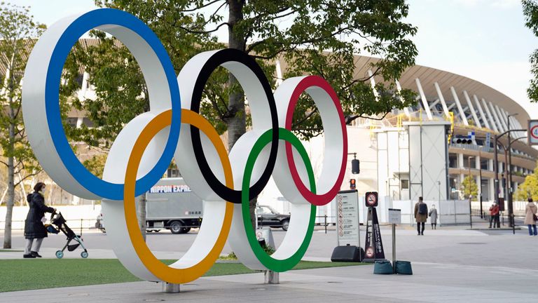 The Olympic rings and National Stadium are pictured in Tokyo on Jan. 22, 2021. (Kyodo via AP Images) ==Kyodo