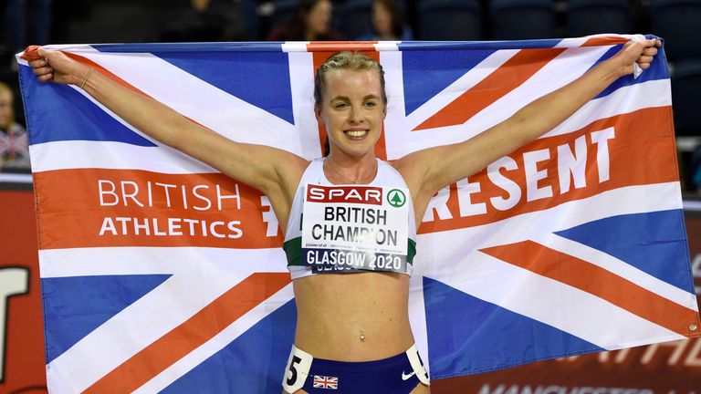 Keely Hodgkinson celebrates winning the Women&#39;s 800m during day two of the SPAR British Athletics Indoor Championships at Emirates Arena, Glasgow