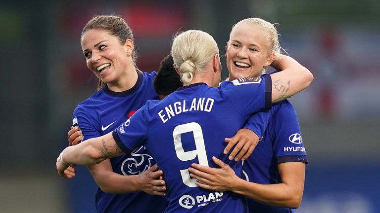 Chelsea&#39;s Pernille Harder (right) celebrates scoring her side&#39;s fourth goal of the game during the FA Women&#39;s Super League match at Kingsmeadow, London.