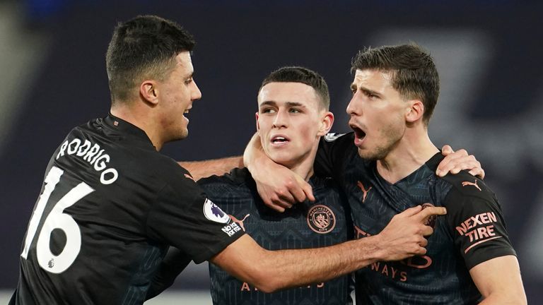 Phil Foden celebrates breaking the deadlock for Man City after 32 minutes