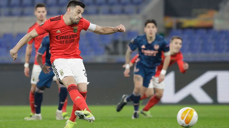 Benfica's Pizzi scores from the penalty spot against Arsenal