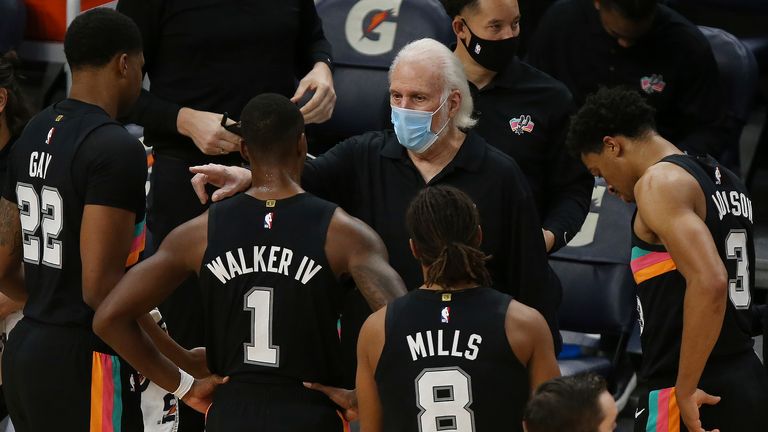 San Antonio Spurs head coach Gregg Popovich talks to his team in the second half of an NBA basketball game against the Minnesota Timberwolves