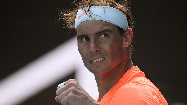Spain's Rafael Nadal celebrates after defeating Italy's Fabio Fognini in their fourth round match at the Australian Open tennis championship in Melbourne, Australia, Monday, Feb. 15, 2021.(AP Photo/Andy Brownbill)