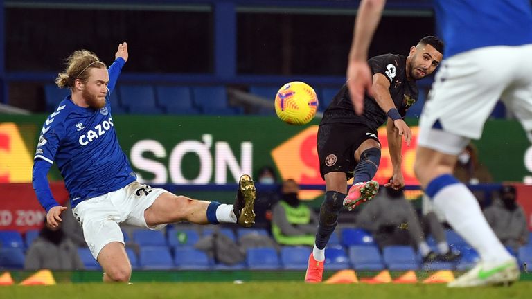 Everton v Manchester City - Premier League - Goodison Park
Manchester City's Riyad Mahrez scores their side's second goal of the game during the Premier League match at Goodison Park, Liverpool. Picture date: Wednesday February 17, 2021.