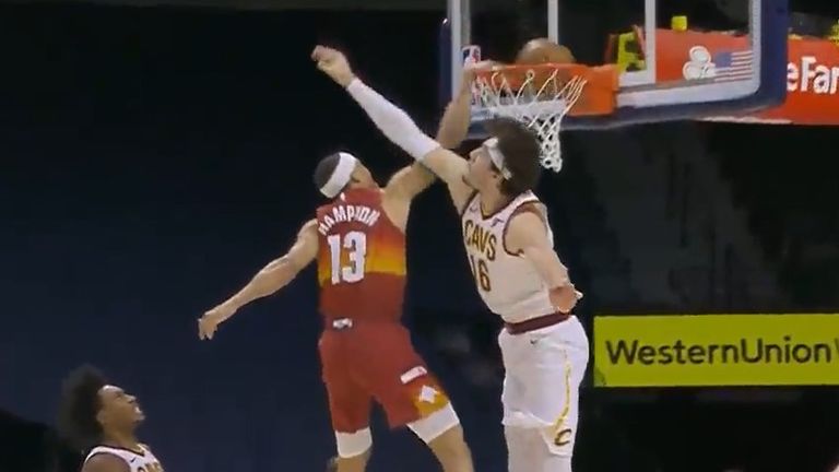 RJ Hampton of the Denver Nuggets slam dunks against the Cleveland Cavaliers