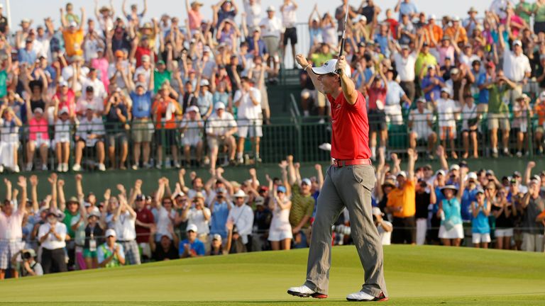 Rory McIlroy of Northern Ireland reacts to his victory on the 18th green in the final round of the PGA Championship golf tournament on the Ocean Course of the Kiawah Island Golf Resort in Kiawah Island, S.C., Sunday, Aug. 12, 2012. (AP Photo/John Raoux)