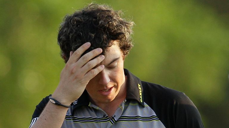Rory McIlroy of Northern Ireland wipes his forehead after his final round of the Masters golf tournament Sunday, April 10, 2011, in Augusta, Ga. (AP Photo/David J. Phillip)