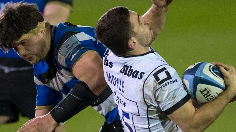 Gloucester's Kyle Moyle is tackled high by Bath's Mike Williams