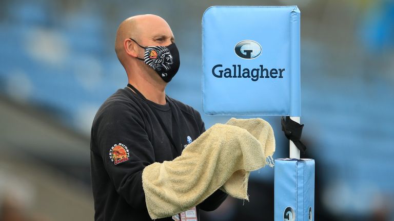 The corner flag is sanitised ahead of a Premiership Rugby fixture (PA image)