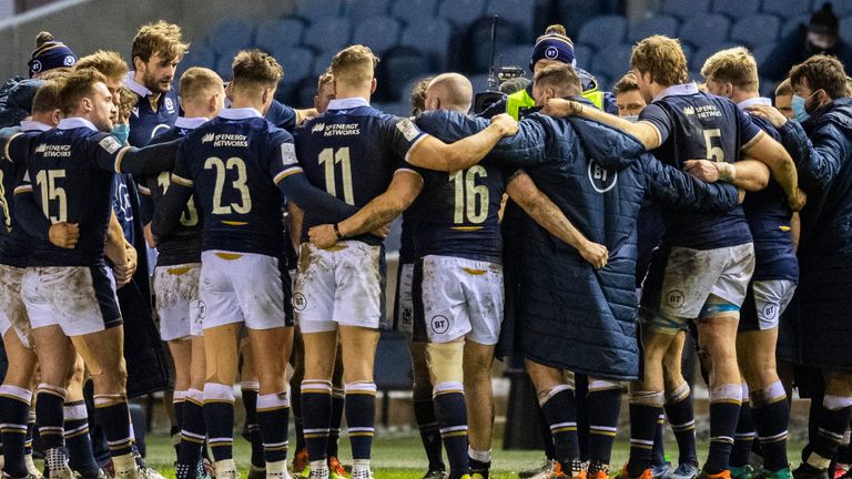 Scotland's players huddle