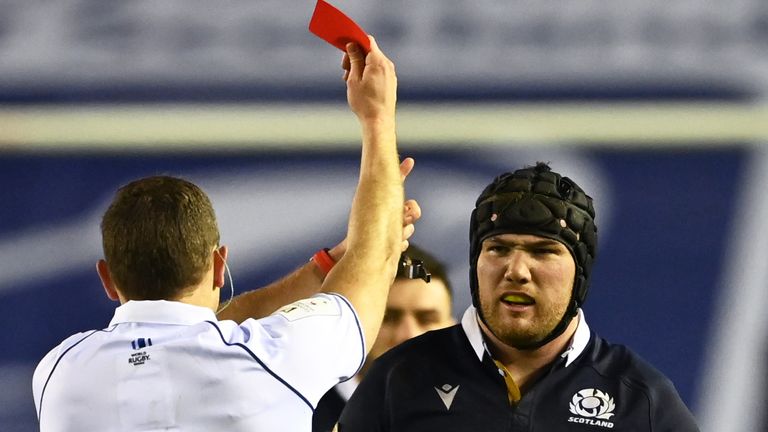 Zander Fagerson is shown a red card during Scotland's Six Nations defeat to Wales