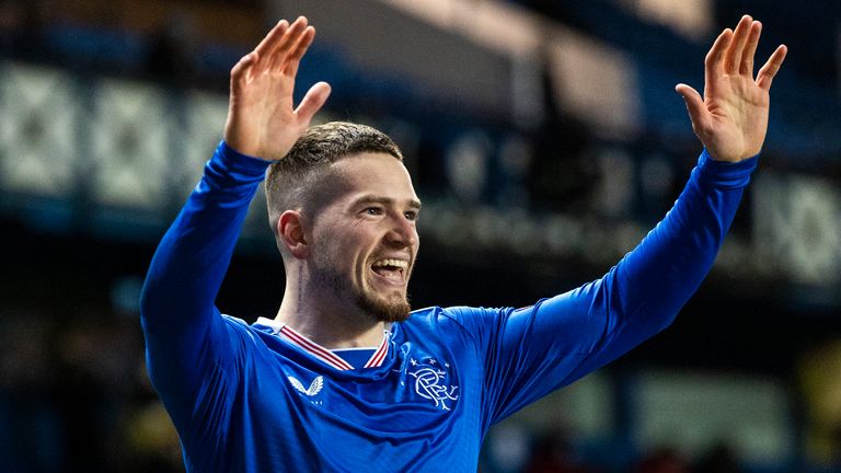 Ryan Kent celebrates after scoring to make it 3-1 to Rangers vs Royal Antwerp 