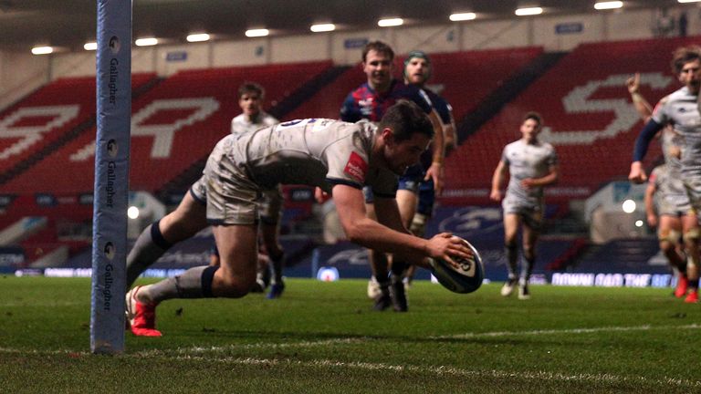 Luke James dives over to score the winning try for Sale against Bristol