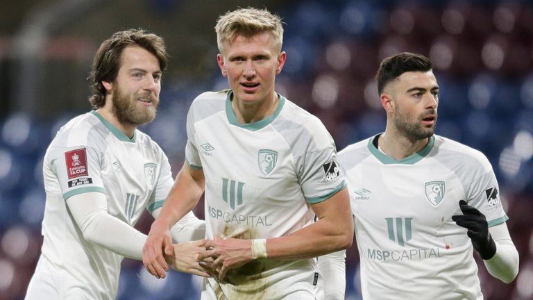 Sam Surridge is congratulated by his team-mates after scoring Bournemouth's opener at Burnley