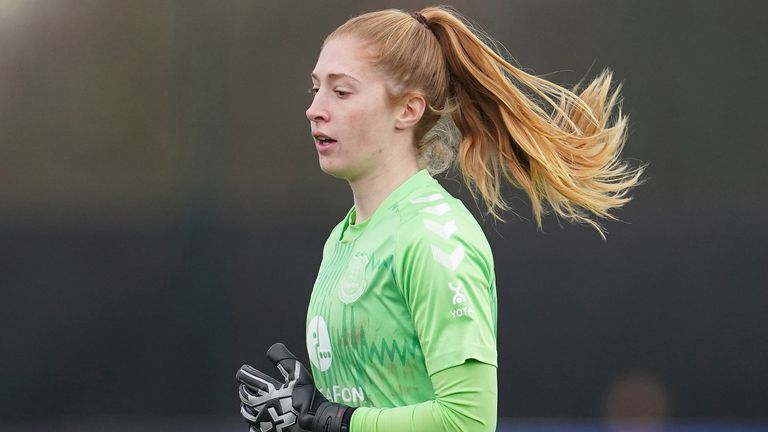 Everton Ladies goalkeeper Sandy MacIver during the FA WSL soccer match between Everton Ladies and Manchester City Women at Walton Hall Park Stadium, Liverpool, England, Sunday Dec. 6, 2020. (AP Photo/Jon Super)