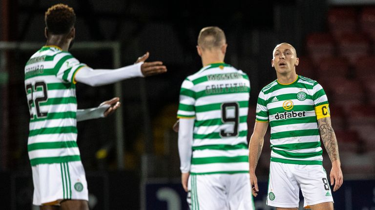 Celtic captain Scott Brown exchanges words with Odsonne Edouard during the 1-0 loss at Ross County