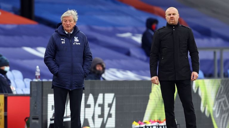 Sean Dyche and Roy Hodgson on the touchline during the Premier League clash between Burnley and Crystal Palace.