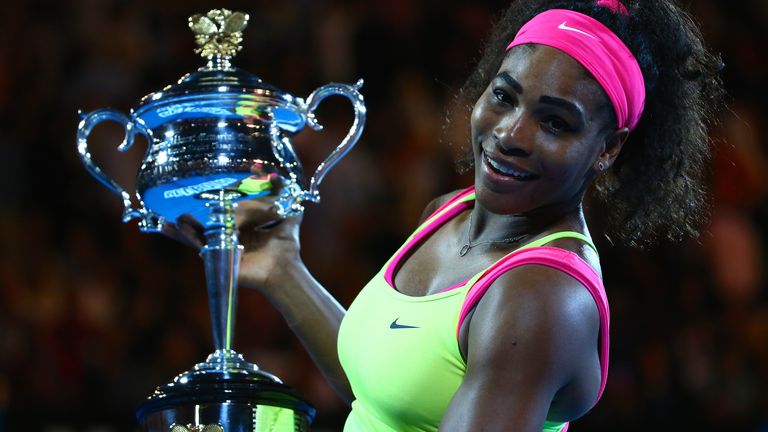Serena Williams of the United States holds her champion trophy at the award ceremony after defeating Maria Sharapova of Russia in their women's singles final match of the 2015 Australian Open tennis tournament in Melbourne, Victoria, Australia, 31 January 2015. 