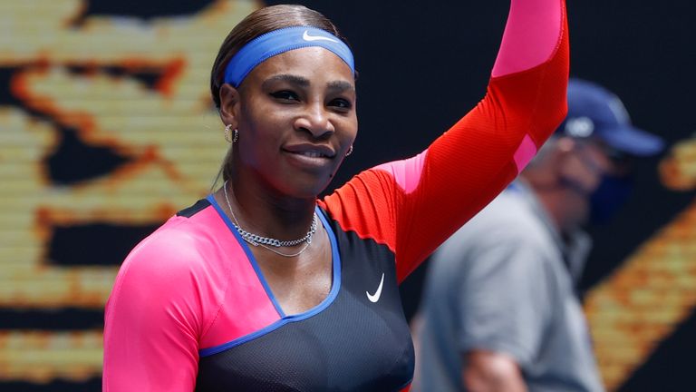 United States' Serena Williams waves after defeating Germany's Laura Siegemund during their first round match at the Australian Open tennis championship in Melbourne, Australia, Monday, Feb. 8, 2021.(AP Photo/Rick Rycroft)