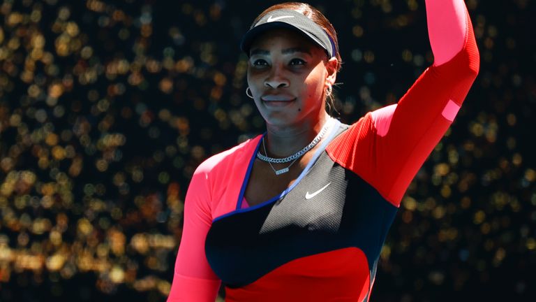 United States' Serena Williams waves after defeating Serbia's Nina Stojanovic in their second round match at the Australian Open tennis championship in Melbourne, Australia, Wednesday, Feb. 10, 2021.(AP Photo/Rick Rycroft)