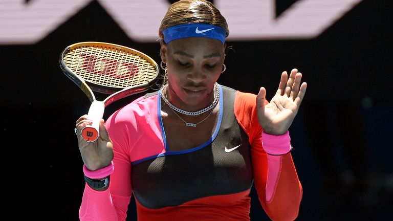 Serena Williams reacts during her third round match against Russia's Anastasia Potapova at the Australian Open tennis championship in Melbourne, Australia, Friday, Feb. 12, 2021.(AP Photo/Andy Brownbill)