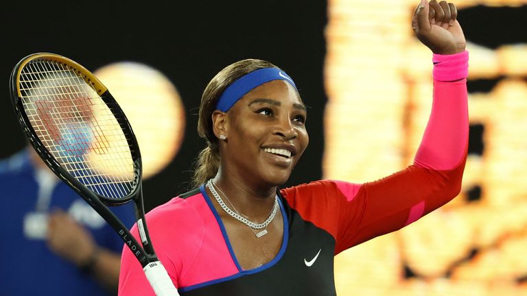 Serena Williams celebrates after defeating Romania's Simona Halep during their quarterfinal match at the Australian Open tennis championship in Melbourne, Australia, Tuesday, Feb. 16, 2021.(AP Photo/Hamish Blair)