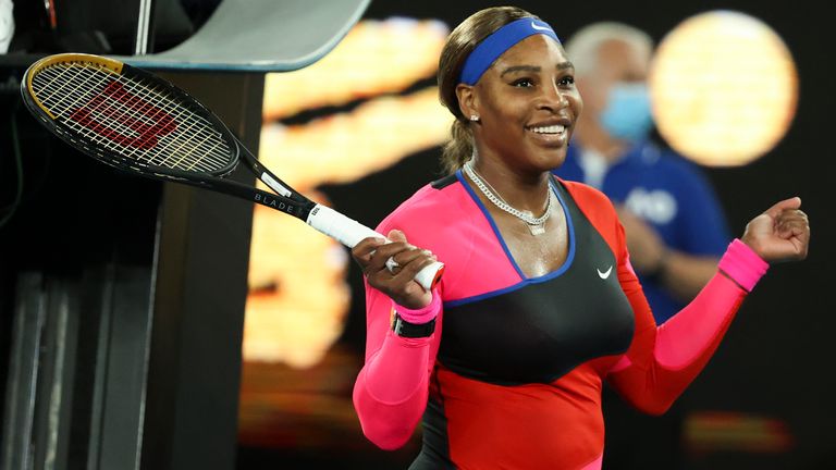 Serena Williams celebrates after defeating Romania's Simona Halep during their quarterfinal match at the Australian Open tennis championship in Melbourne, Australia, Tuesday, Feb. 16, 2021.(AP Photo/Hamish Blair)