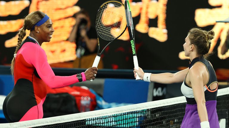 Serena Williams, left, is congratulated by Romania&#39;s Simona Halep after winning their quarterfinal match at the Australian Open tennis championship in Melbourne, Australia, Tuesday, Feb. 16, 2021..(AP Photo/Hamish Blair)