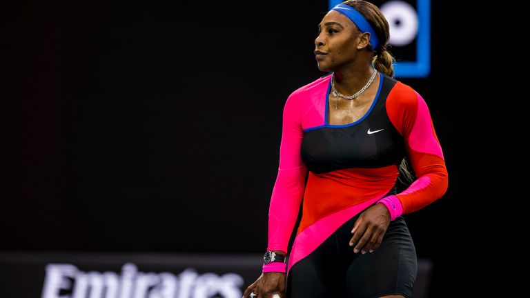 Serena Williams of the United States of America in action during the quarterfinals of the 2021 Australian Open on February 16 2021, at Melbourne Park in Melbourne, Australia. (Photo by Jason Heidrich/Icon Sportswire) (Icon Sportswire via AP Images)
