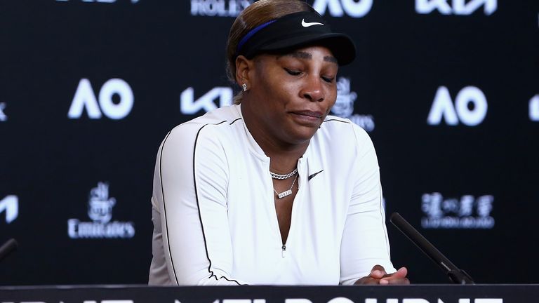 Serena Williams reacts during a press conference following her semifinal loss to Japan's Naomi Osaka at the Australian Open tennis championship in Melbourne, Australia, Thursday, Feb. 18, 2021.(Rob Prezioso/Tennis Australia via AP)