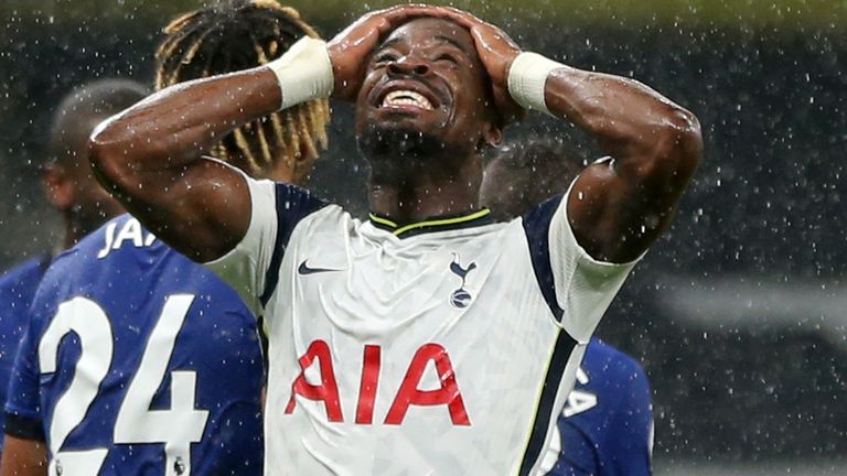 Serge Aurier of Tottenham Hotspur reacts after a missed chance during the Premier League match between Tottenham Hotspur and Chelsea at Tottenham Hotspur Stadium on February 04, 2021 in London, England. (Photo by Tottenham Hotspur FC/Tottenham Hotspur FC via Getty Images)