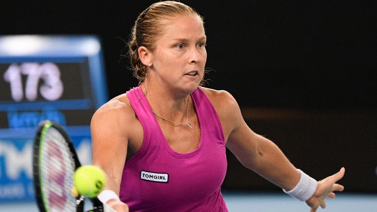 Shelby Rogers of the United States makes a forehand return to Australia's Ash Barty during a tuneup event ahead of the Australian Open tennis championships in Melbourne, Australia, Friday, Feb. 5, 2021.(AP Photo/Andy Brownbill)