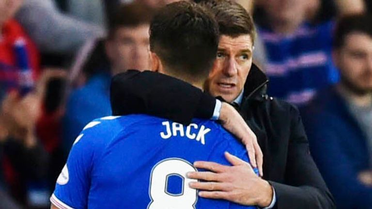 Steven Gerrard is pictured with Ryan Jack in 2019