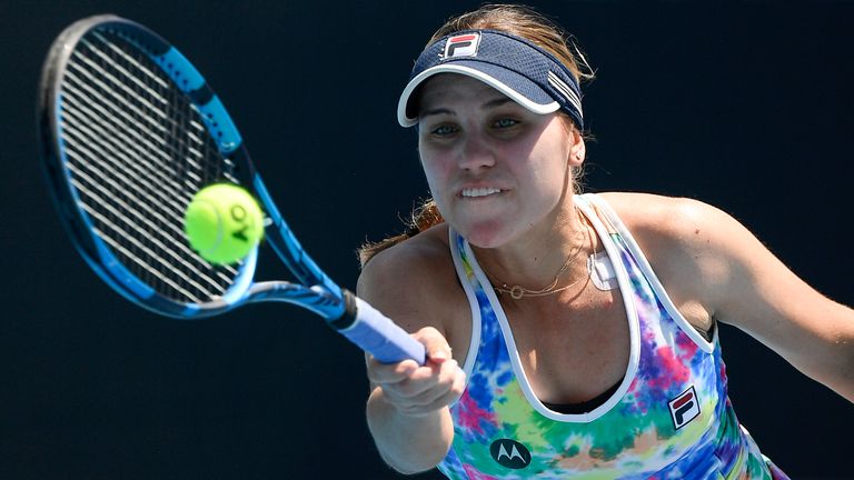 Sofia Kenin makes a forehand return to compatriot Jessica Pegula during tuneup event ahead of the Australian Open tennis championships in Melbourne, Australia, Wednesday, Feb. 3, 2021. (AP Photo/Andy Brownbill)