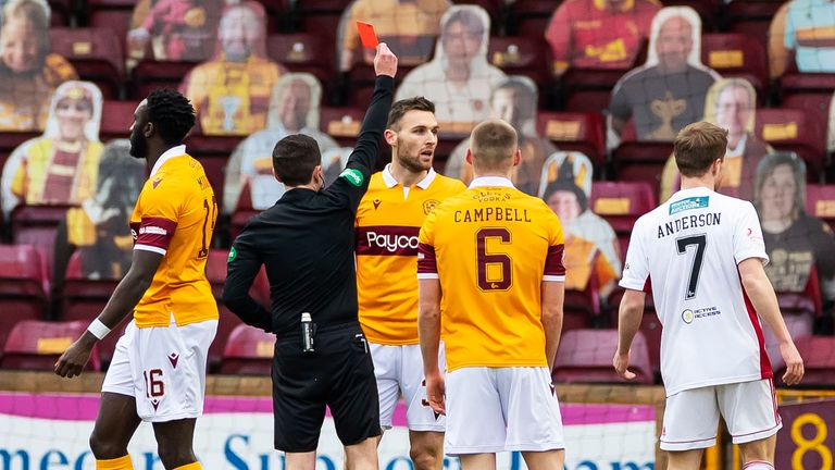 Stephen O'Donnell was sent off for Motherwell after conceding a penalty in their heavy home defeat